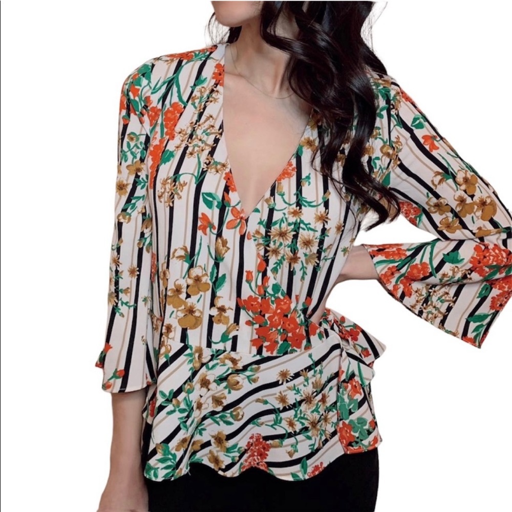 ZARA floral striped wrap blouse bell sleeves women’s Size Medium
